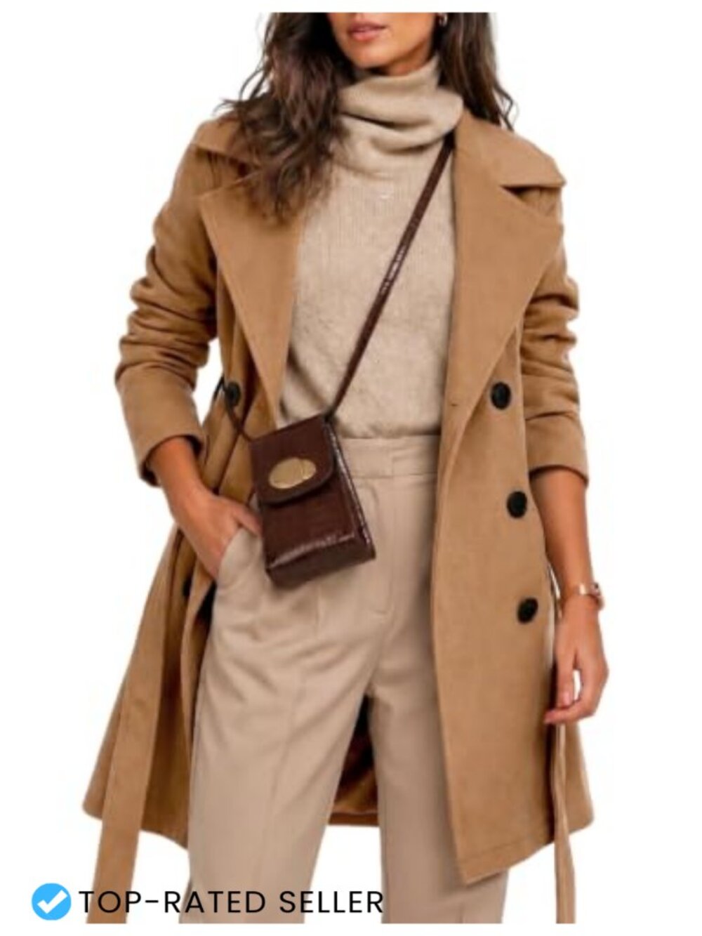 Womens Wool Blend Double Breasted Midi Trench Coat Belted Peacoat